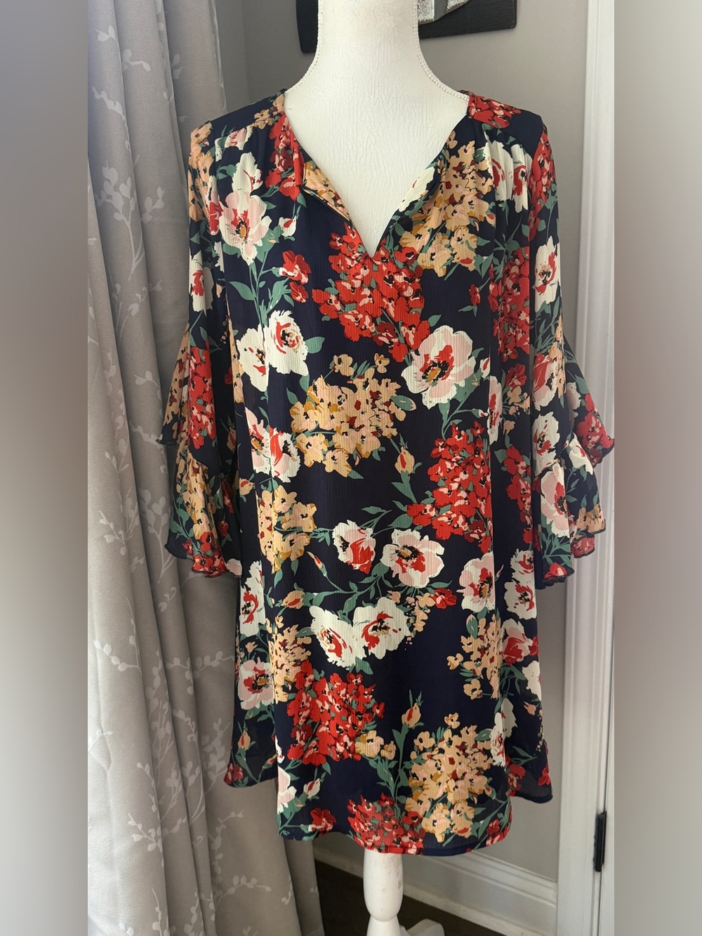Large Umgee Navy Floral V-Neck Tunic Dress